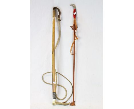 Silver collared Malacca riding Whip with Antler handle plus a Spanish riding Crop with Horse head handle and Concealed "Toled