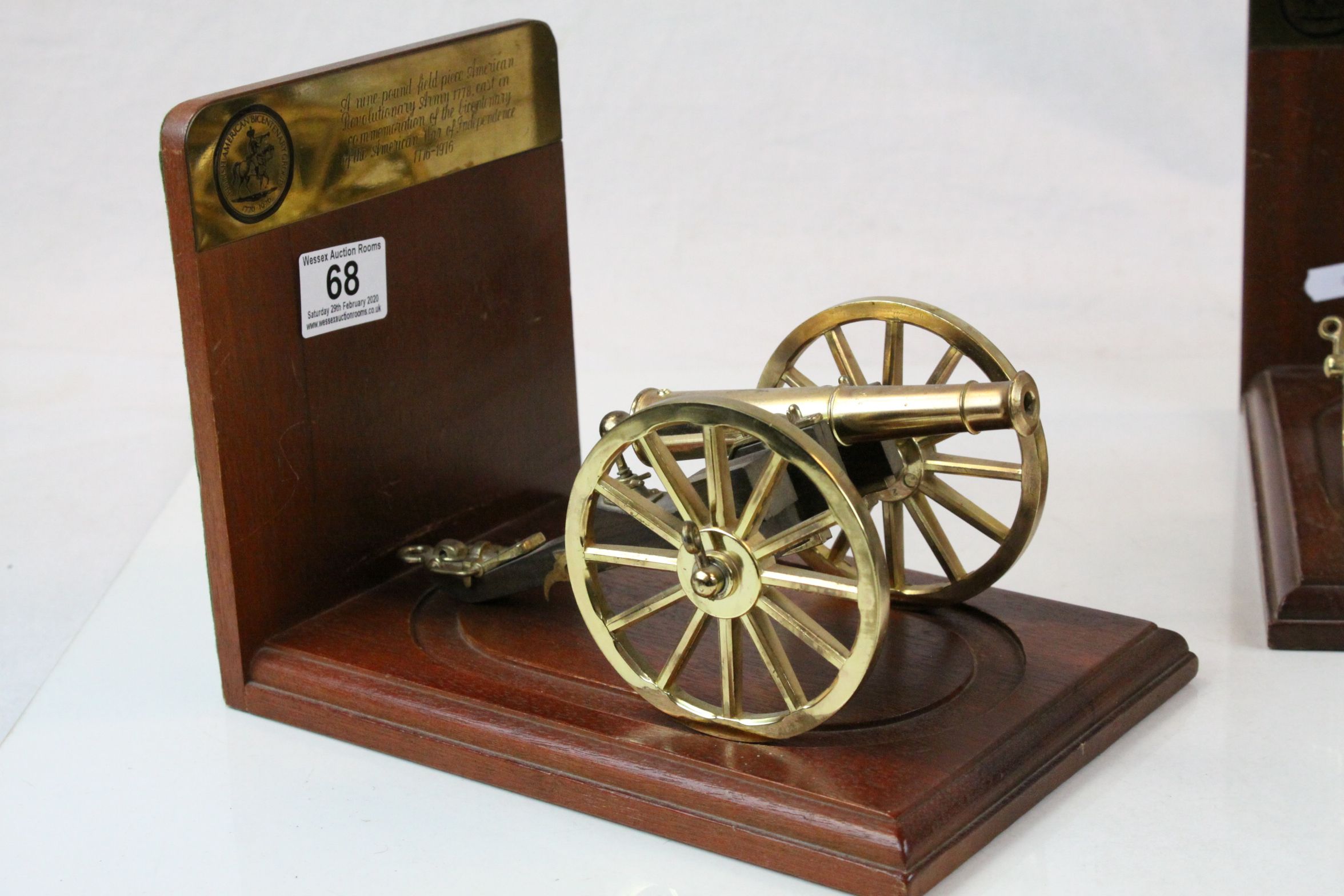 Pair of Bookends in Brass & Wood, modelled as Field Cannons from the