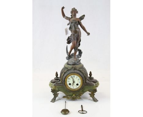 French Gilt and painted metal &amp; Green Onyx Mantle Clock on Hoof feet with Huntress type figure to the top, comes with key