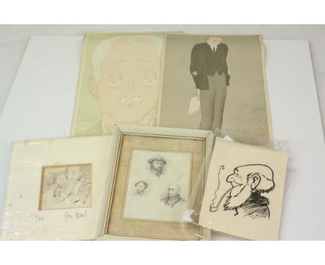 Collection of pen &amp; ink, pencil and lithograph portraits to include Will Owen and Cartoonist Max Beerbohn etc