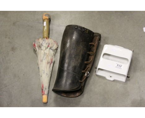 Mid 20th century ceramic Jeyes antiseptic toilet paper holder, a parasol &amp; a pair of early 20th century gaiters