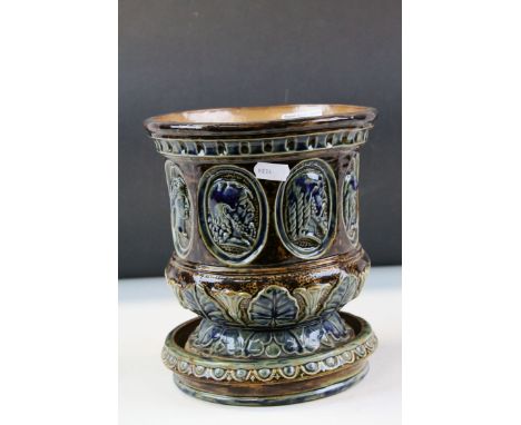 Royal Doulton Stoneware style Glazed Planter with Biblical portrait design &amp; stand base, both incised EA, possibly for El