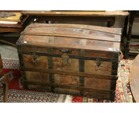 19th century Domed Top Wooden and Metal Bound Travelling Trunk, 92cms long x 60cms high