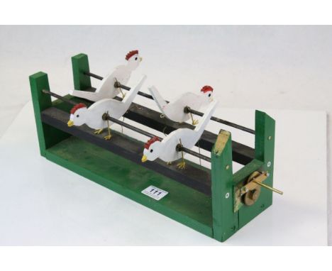 Vintage Scratch Built Wooden Hand operated Model of Pecking Chickens