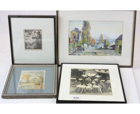 Two landscape watercolours, a ltd edn etching (3/100) of Guilford signed John Bryce and a photograph from a 1930s baseball ma