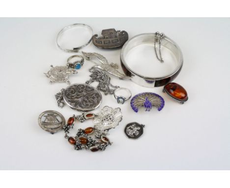 Silver Locket on Chain, Silver and Amber Bracelet, Silver and Amber Brooch, Silver Noah's Ark Brooch, Polish Silver and Amber