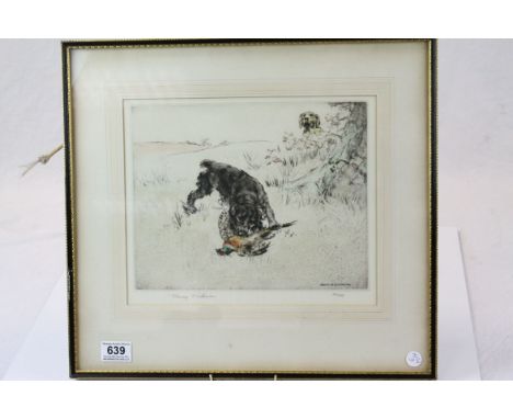 Signed coloured etching, Henry Wilkinson, limited edition, no. 22/75, spaniel with pheasant