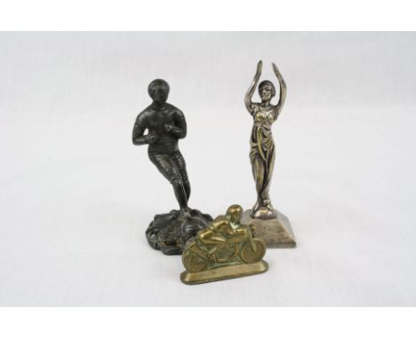 Art Deco Silvered Model of a Lady, Art Deco Brass Model of a Motor Cyclist on Bike plus a Model of a Footballer with Ball