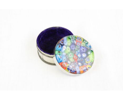 White metal trinket box with Millefiori glass style design on lid 