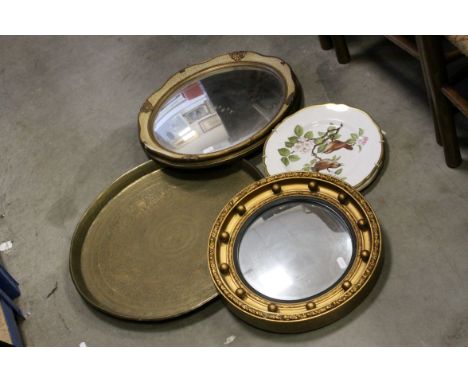 Circular gilt framed mirror, one other mirror, brass tray &amp; two Spode bird plates