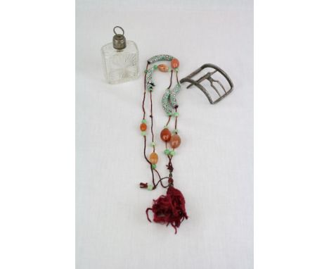 19th Century Steel shoe Buckle, Hallmarked Silver topped cut Glass Scent bottle &amp; an Oriental Hardstone &amp; ceramic Nec
