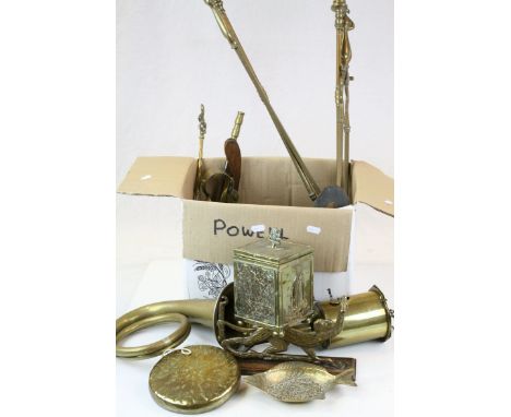 Box of mixed Brassware to include a Clockwork Meat Spit, fire tools etc