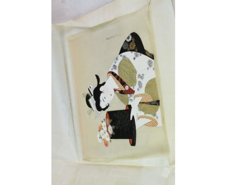 Original school signed portrait image of a Japanese Geisha Girl holding flowers, unframed 