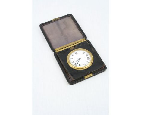 19th century Leather Cased Travelling Pocket Watch Clock with White Enamel Face
