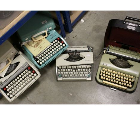 Four vintage cased typewriters including Smith Corona Corsair, Smith Corona Calypso, Impex Maria and Olympia