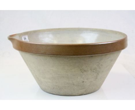 Large Vintage French Stoneware Dairy Bowl with Pouring Spout, impressed 13 to base, 38cms diameter