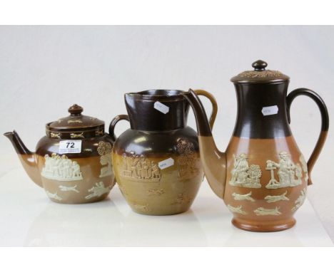 Doutlon Lambeth Saltglaze Harvest pattern water or Ale jug, Royal Doulton Saltglaze Coffee pot &amp; Teapot, again in Harvest