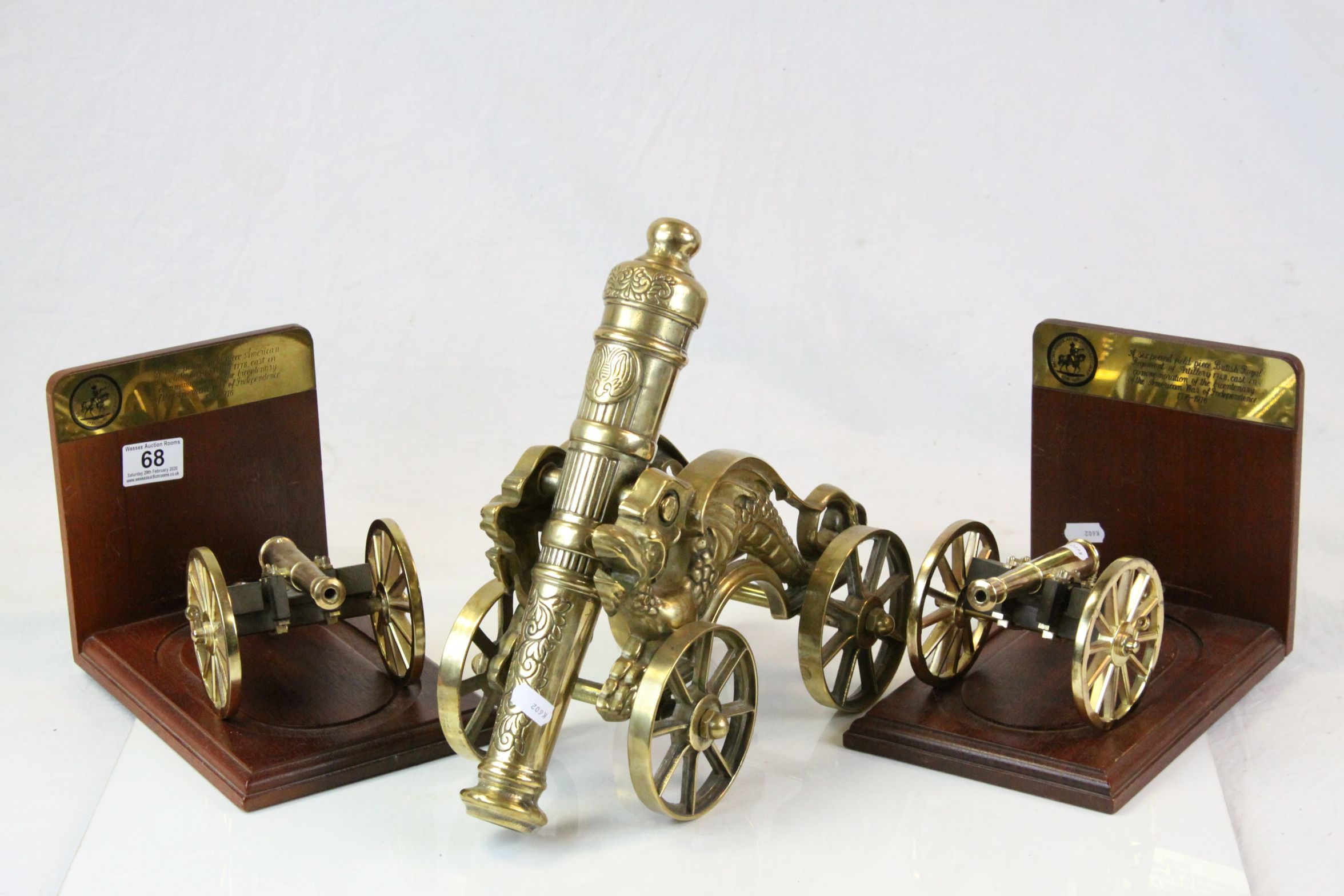 Pair of Bookends in Brass & Wood, modelled as Field Cannons from the