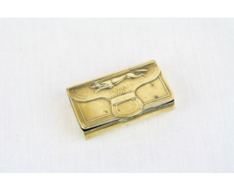 Brass Snuff box modelled as a Satchel with hinged lid having Fox motif and "Tally Ho" Hunt theme, measures approx 5 x 3 x 1cm