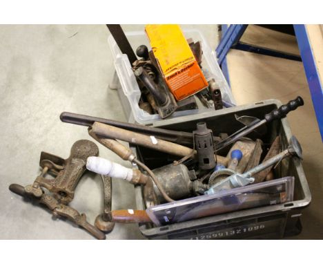 Large quantity of mainly vintage tools, planes, chisels etc, together with a continental bar top bottle opener (2 boxes)