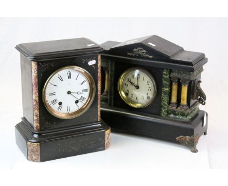 Antique Vokes slate mantle clock with two train movement, together with a wooden slate effect mantle clock with two train mov