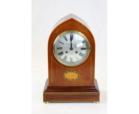 Edwardian Mahogany cased mantle Clock with stringing &amp; Marquetry inlay, the Silvered dial marked "Sir John Bennett Ltd Pa