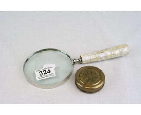 Magnifying Glass with Mother of Pearl Effect Handle and a Brass Cased Compass