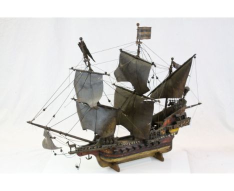 Scratch Built Wooden Model of a Galleon Sailing Ship, 86cms long