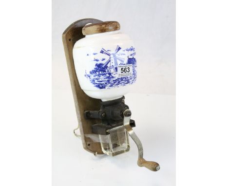 Mid 20th century Wall Hanging Coffee Grinder with Ceramic Bean Holder decorated with a Windmill, 31cms high