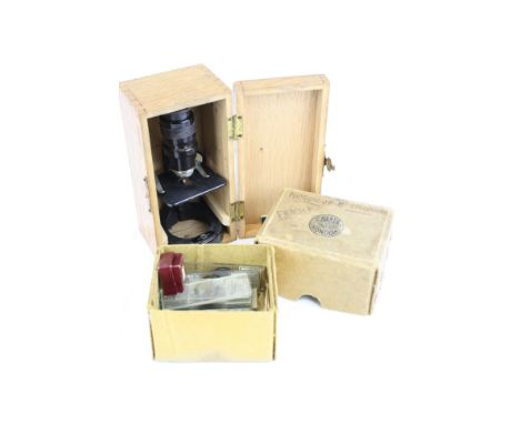 Oak cased Microscope, student type plus a box of vintage Glass Slides etc