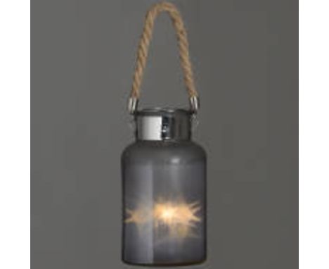 Frosted Glass Jar with Rope Detail and Interior LED Lights An appealing and versatile little piece with chromed top. Decorati