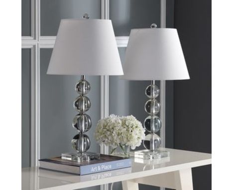 A Pair off Safavieh Millie 1-Light Stacked Crystal Ball Table Lamp in Clear with Cotton Shade The unique Safavieh Millie Stac