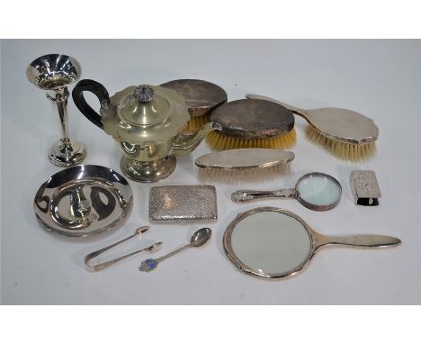 Various oddments of silver including vase-flute on weighted foot, hairbrushes and mirror etc, to/w electroplated magnifying g