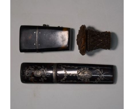 A Sheraton-style tortoiseshell and silver piquet bodkin-case, 10 cm long to/w a tortoiseshell purse scent-flask holder and a 