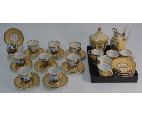 Nine 19th century French porcelain coffee cans and saucers, finely decorated with handpainted landscape panels of fortified b