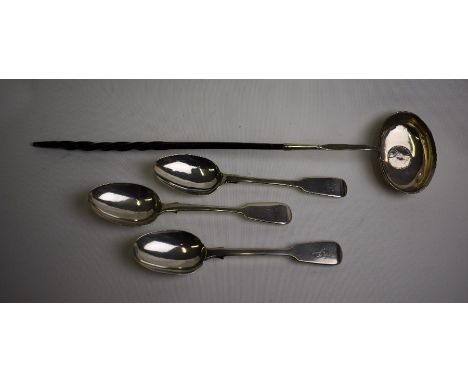 Three various Victorian silver fiddle pattern dessert spoons 1842/68/74, 4.3 oz, to/w an unmarked Georgian punch ladle inset 