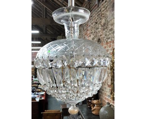 A cut glass light-shade hung with prism lustres and drops, 30 cm diam x 40 cm drop&nbsp;condition dirty requires cleaning, ap