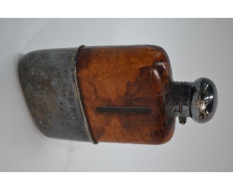 A leather-clad glass hip-flask with hinged silver bayonet bun cover and detachable gilt-lined beaker Atkin Brothers, London 1