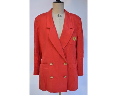 A 1980s Christian Dior coral red linen long-line blazer style jacket with embossed red satin lining, fastened with gilded 'Di