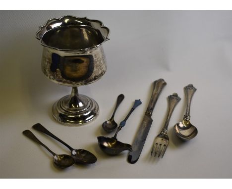 A late 19th Norwegian sauce ladle with enamelled stem, Birmingham import 1899, to/w a Christening knife, fork and spoon, Shef