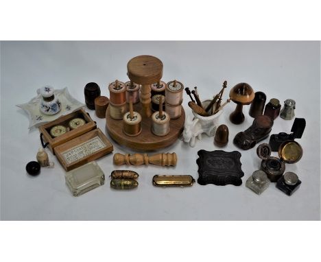 An interesting selection of sewing accountrements, treen and other collectables including 'boot' pin-cushion with inset brass