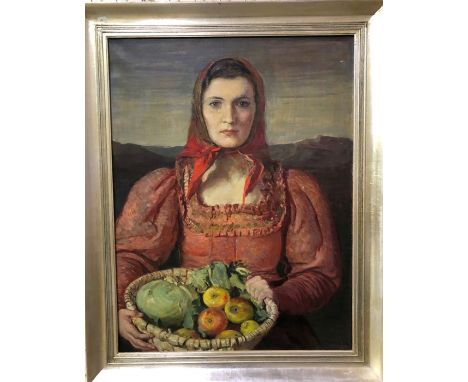 Friedrich Wirnhier (1868-1952) - A portrait of a female farm worker showing her basket of harvest produce, oil on canvas, sig