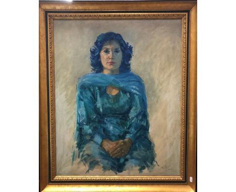 Dennis Syrett (b 1934) -&nbsp; Portrait of a seated lady in blue dress, oil on canvas, signed lower right, 74 x 59 cm