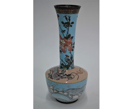 A 19th century Japanese cloisonne vase Meiji period (1868-1912) decorated in polychrome enamels, the long flared neck with fl