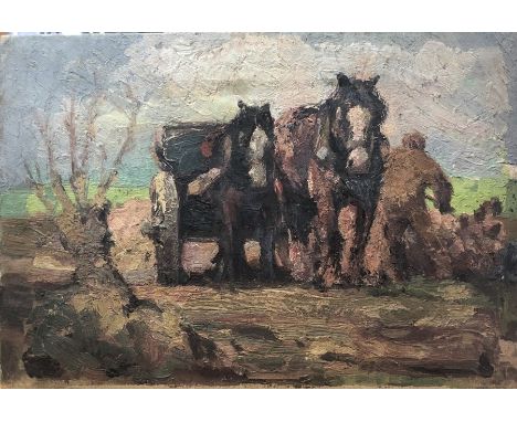 Manner of Harry Becker - Ploughing scene, oil on canvas, 28 x 41 cm (unframed)Good condition, unframed, but properly stretche