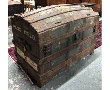 An antique dome top trunk, the interior branded for 'Garrards', a/f, 91 cm w x 53 cm x 63 cm h&nbsp;