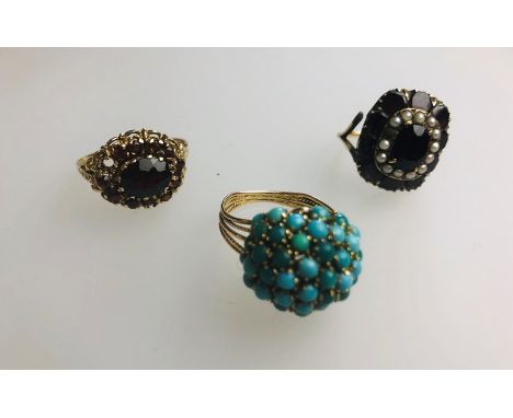 A 19th century garnet and pearl cluster ring, a 9ct yellow gold garnet cluster ring and turquoise bombe-style cluster ring, y