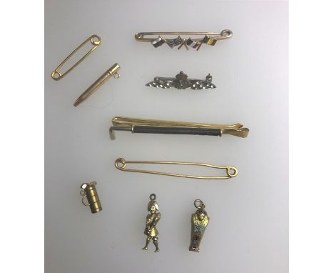 A collection of various pin brooches including: 15 ct yellow gold bar brooch with four enamelled flags, two yellow gold safet