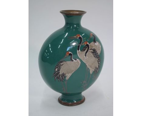 A Japanese cloisonne moon vase, Meiji period (1868-1912) decorated in polychrome enamels with five red capped flying Tsuru on