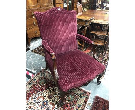 An 18th/19th century walnut Chippendale design Gainsborough library armchair, the humped back with later ribbed fabric covers